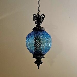 BLUE Glass Grape Design Vintage Antique Hanging Light Swag Lamp Retro Globe